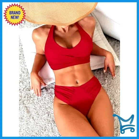High Waisted Halter Bikini Set Twist Front Two Piece Swimsuit Summer Beach